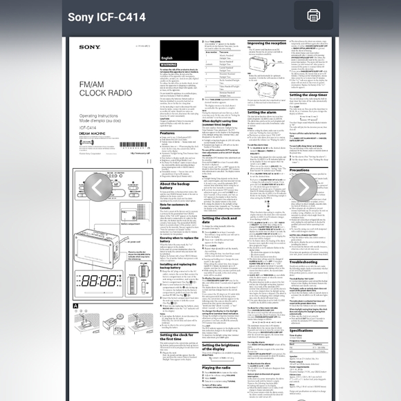 Sony ICF-C414 Dream Machine LargeDisplay Dual Alarm Clock Radio - Picture 8 of 8